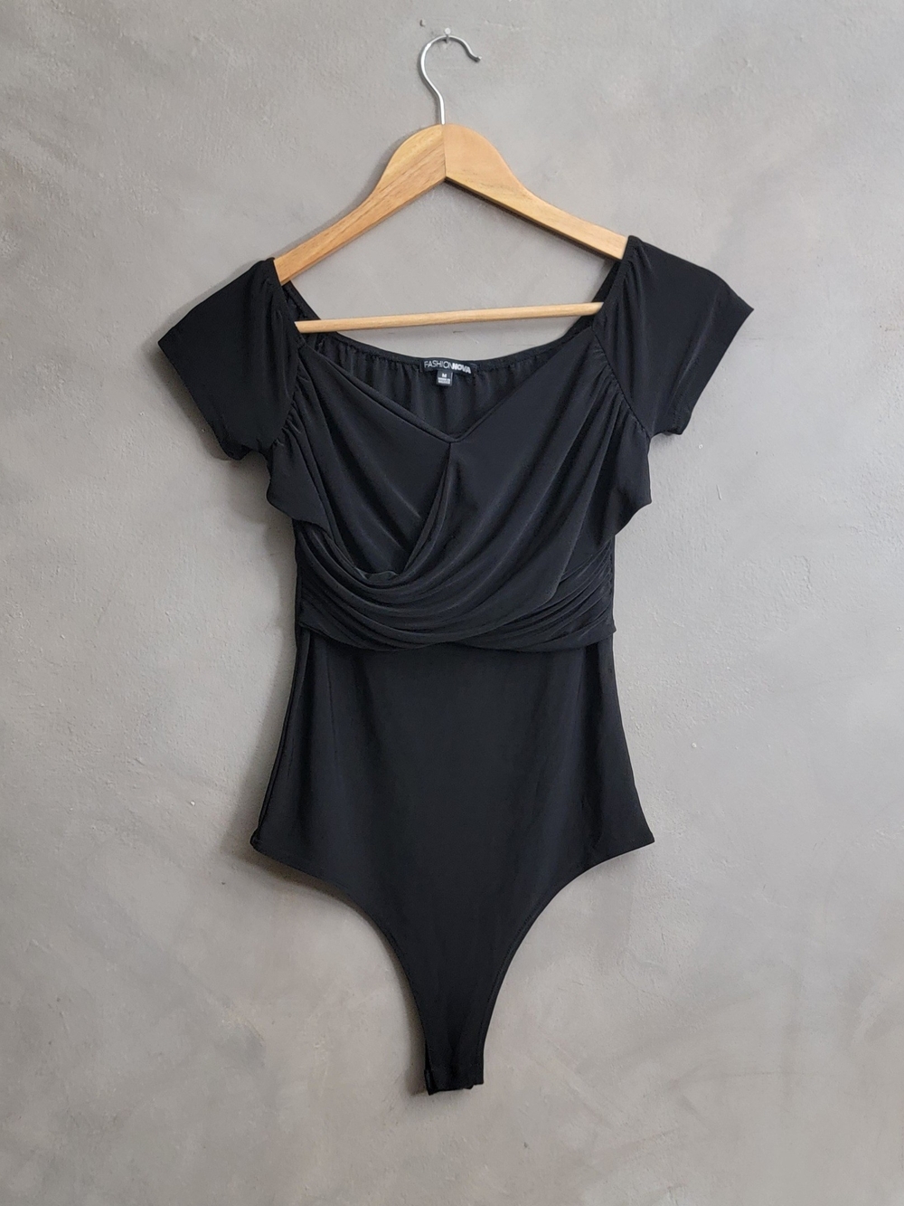Fashion Nova Black Draped Off Shoulder Bodysuit